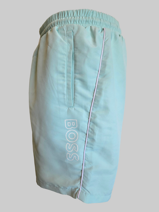 mint green shorts with 'BOSS' branding