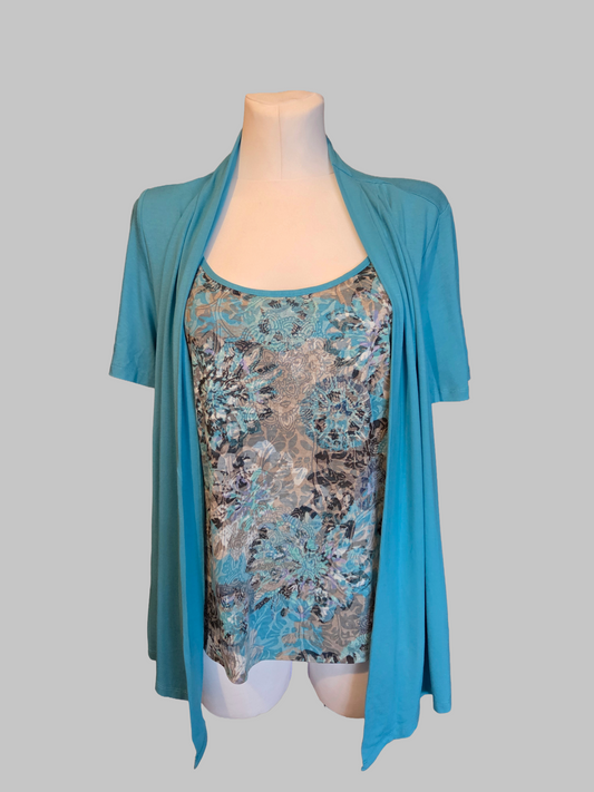 M&S Floral Layered Top – Aqua Blue Mix 3/4 Sleeve – Size - UK-16