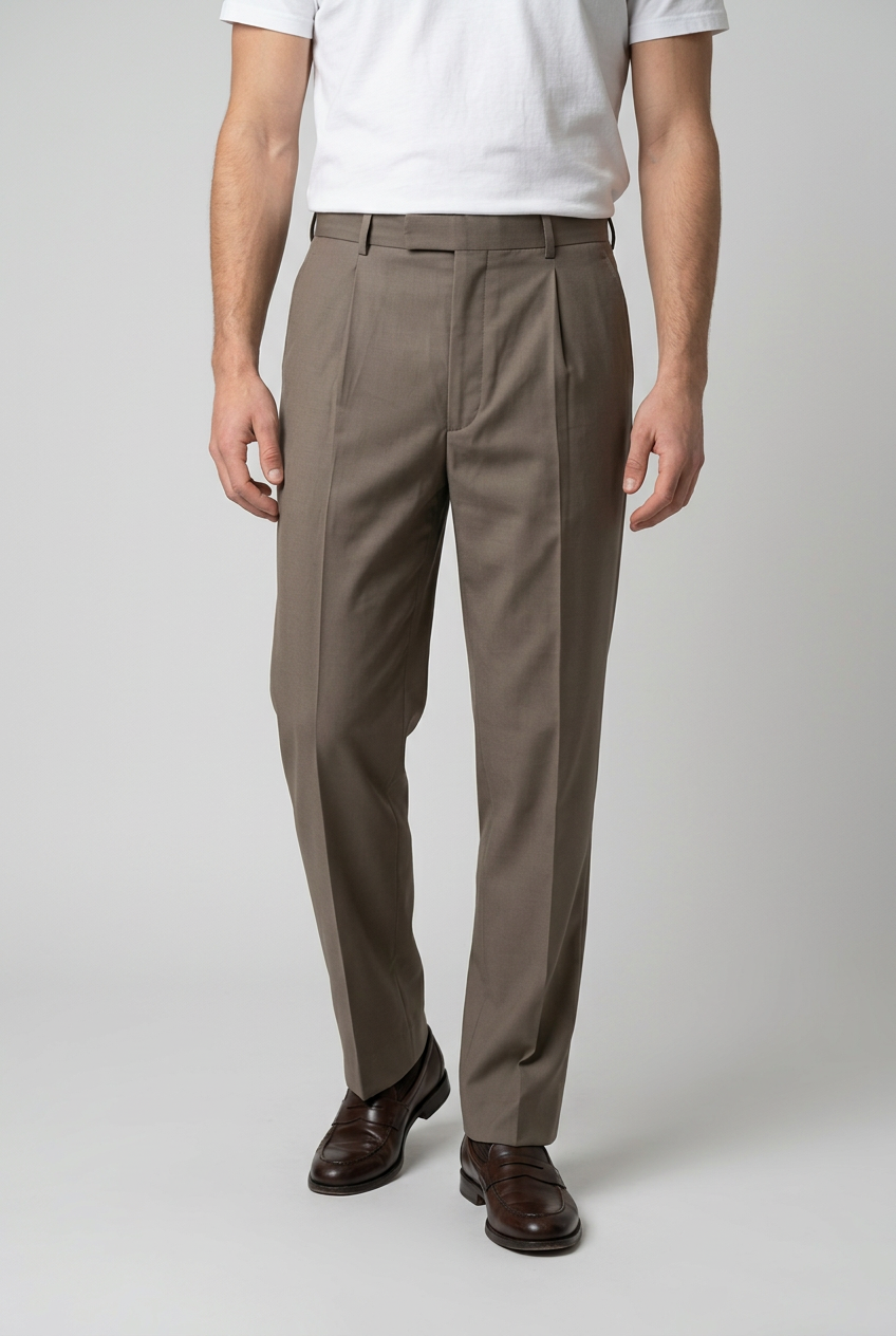 Man wearing brown trousers and a white shirt