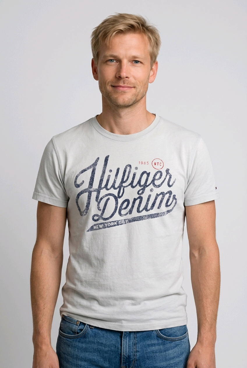 Man wearing a Tommy Hilfiger Denim t-shirt