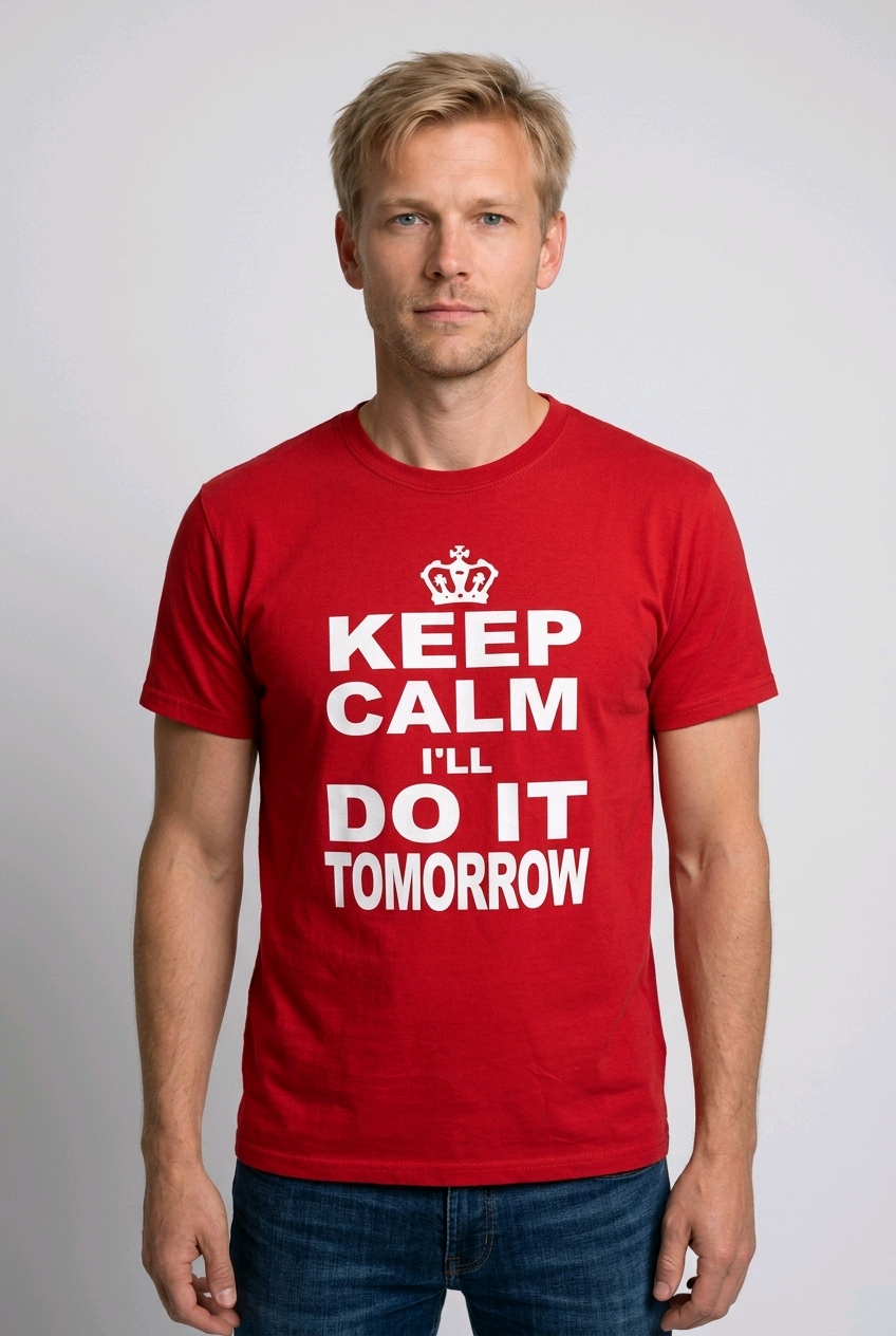 Man wearing a red t-shirt with text 'KEEP CALM I'LL DO IT TOMORROW' t shirt