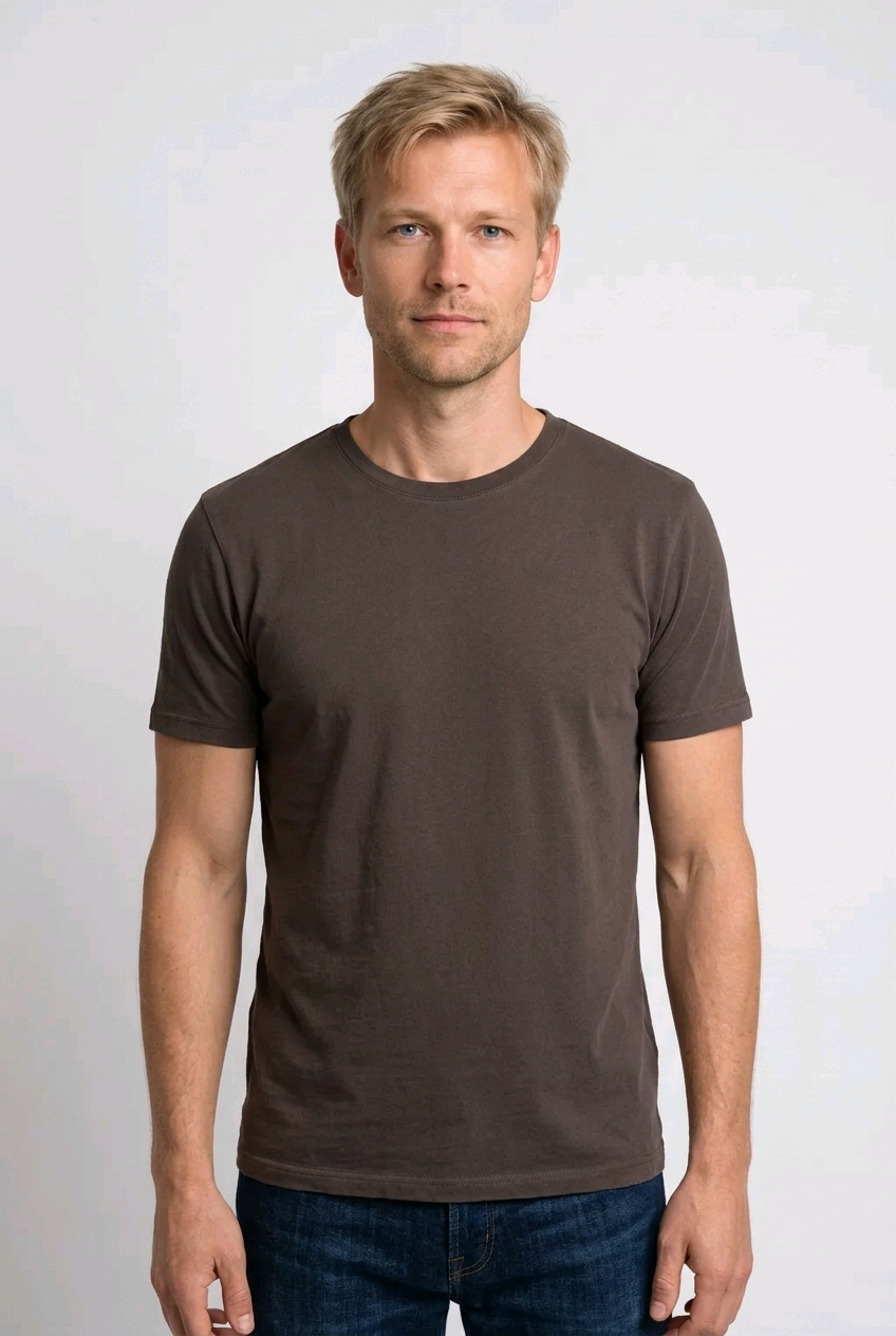 Man wearing brown t shirt