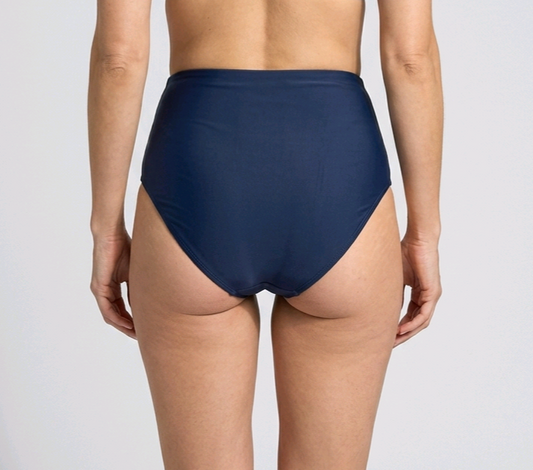 Navy blue high-waisted bikini bottom back view