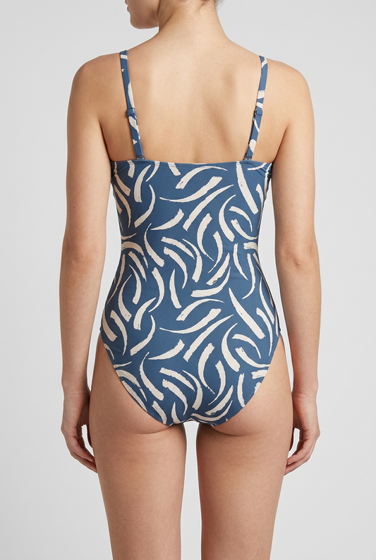 One-piece swimsuit with blue and white pattern