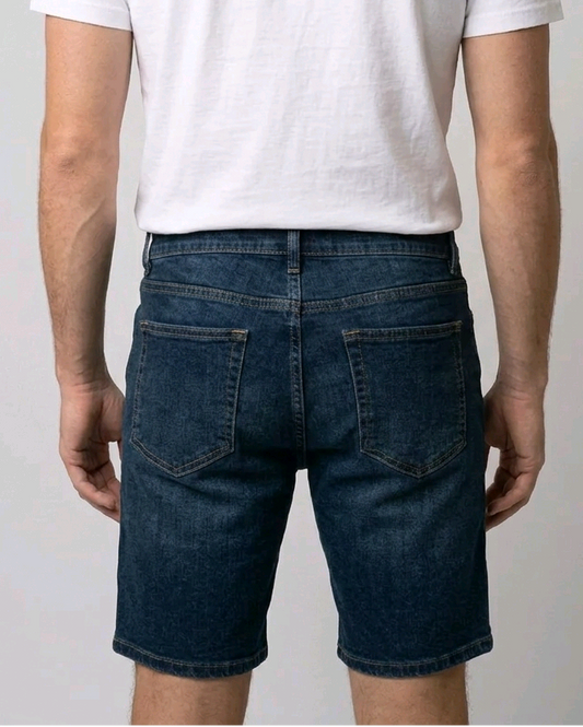 white t-shirt and blue denim shorts back view