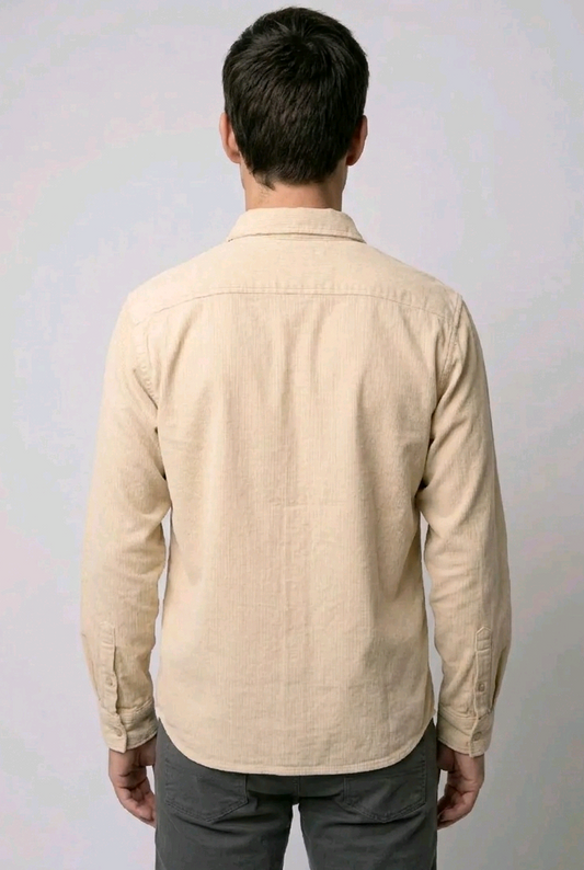 Man wearing a shacket from behind