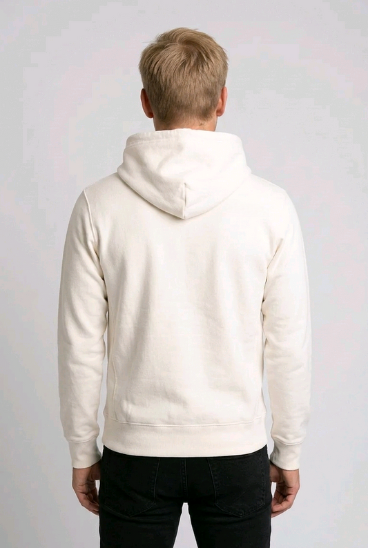 Man wearing white Champion hoodie