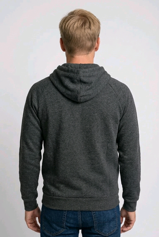Man wearing a dark gray hoodie from behind