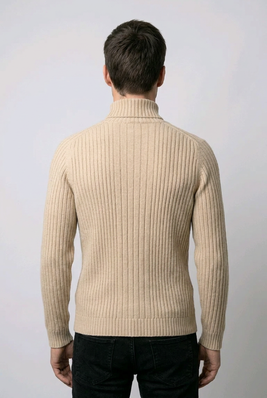 Man wearing a beige mock neck jumper back view
