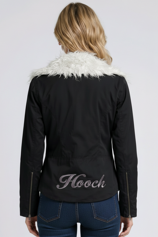 Black jacket with white fur collar and 'Hooch'