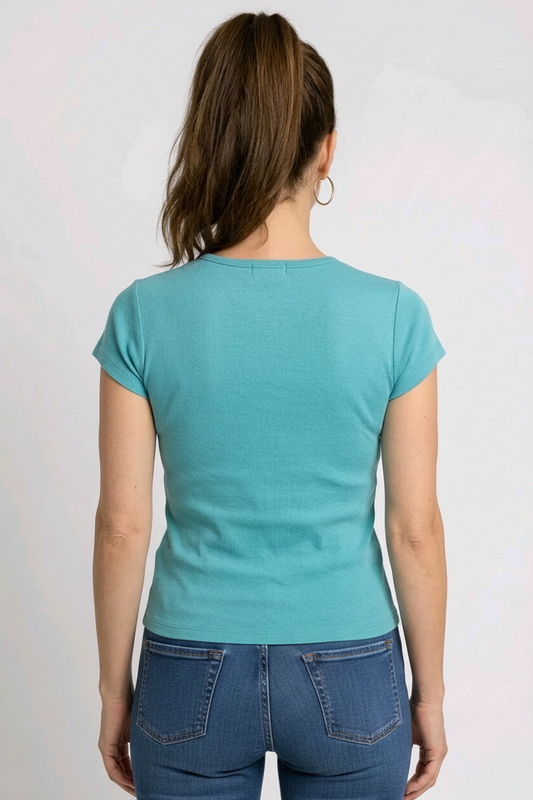 Woman wearing a teal t-shirt back view