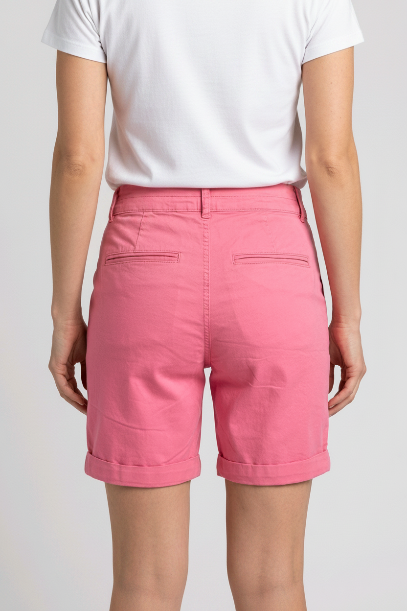 Woman wearing pink shorts and a white t shirt