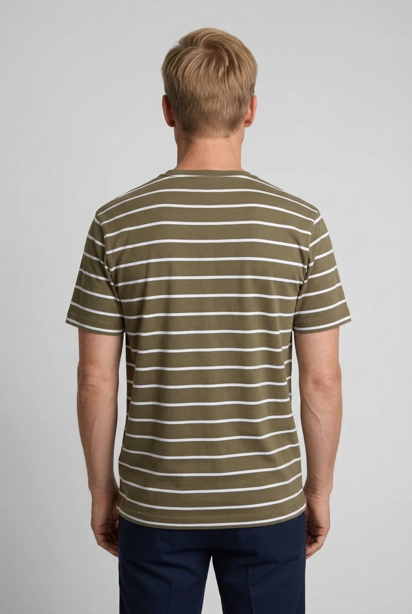Man wearing a green and white striped t-shirt
