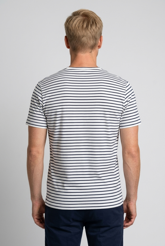Man wearing a black and white striped t-shirt