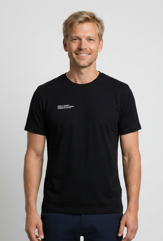 Man wearing a black t-shirt with text
