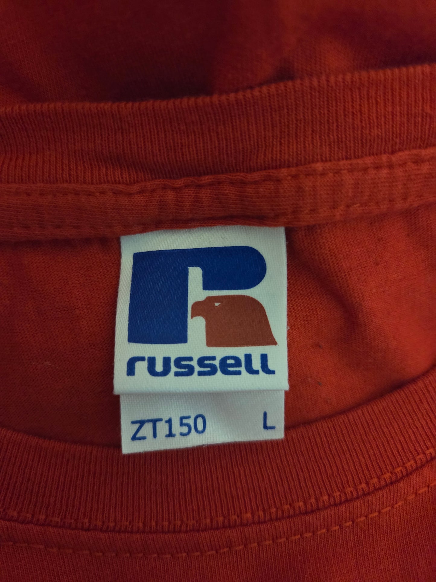 Close-up of a Russell brand size label