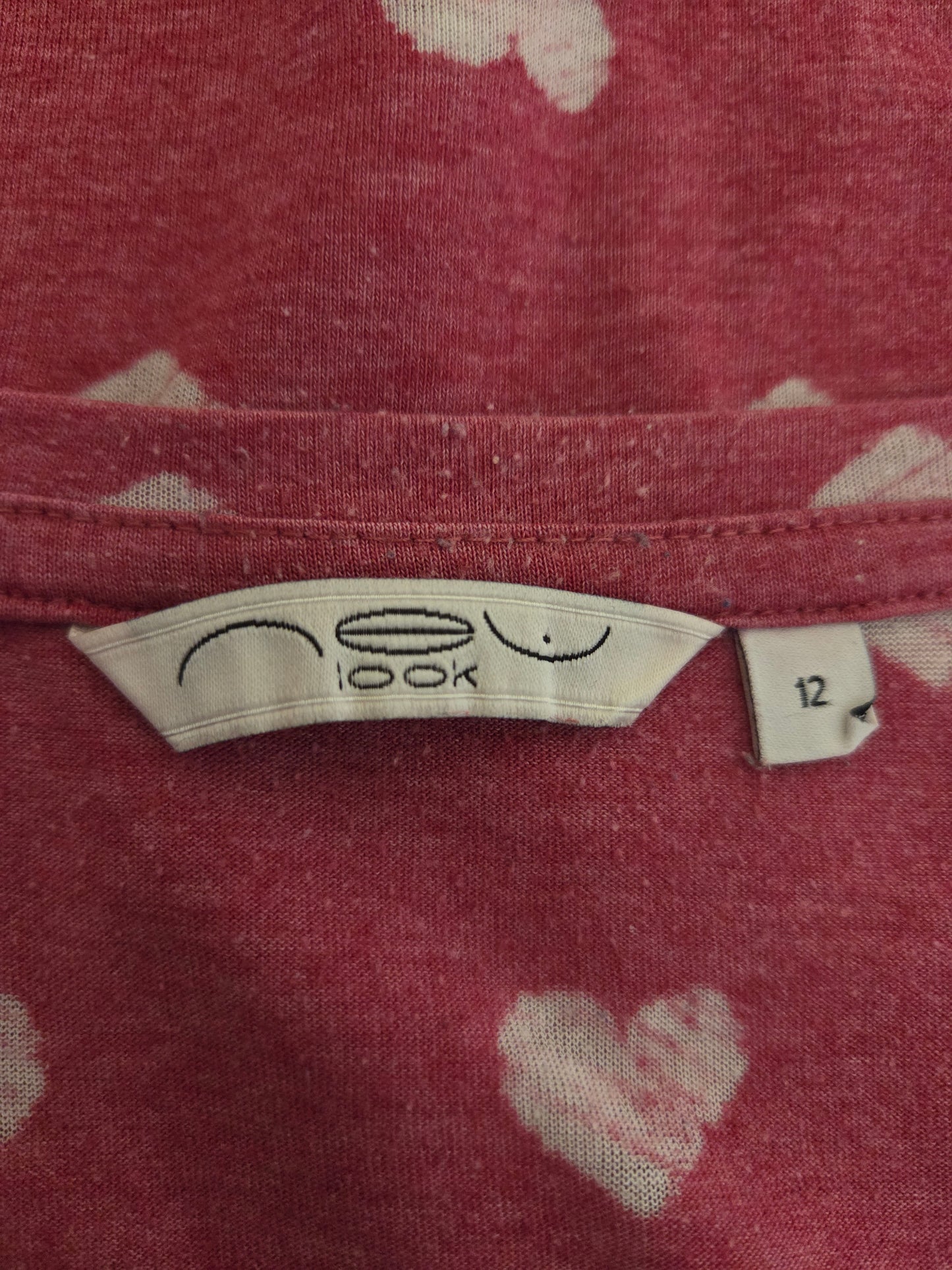Close-up of a size label on a red heart patterned fabric
