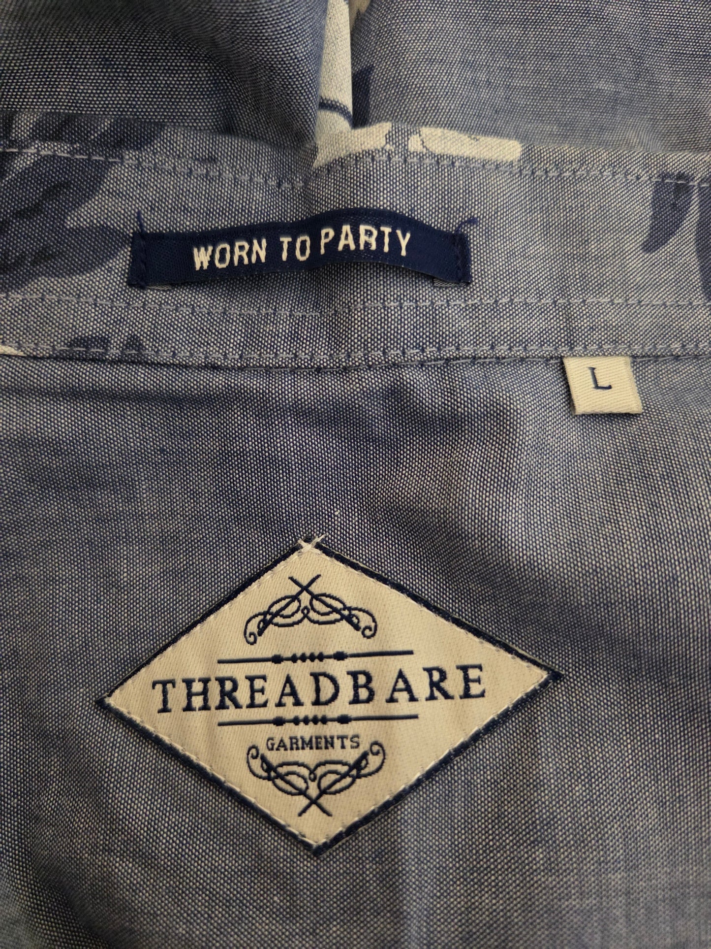 Threadbare label on a gray shirt with 'Worn to Party' tag.