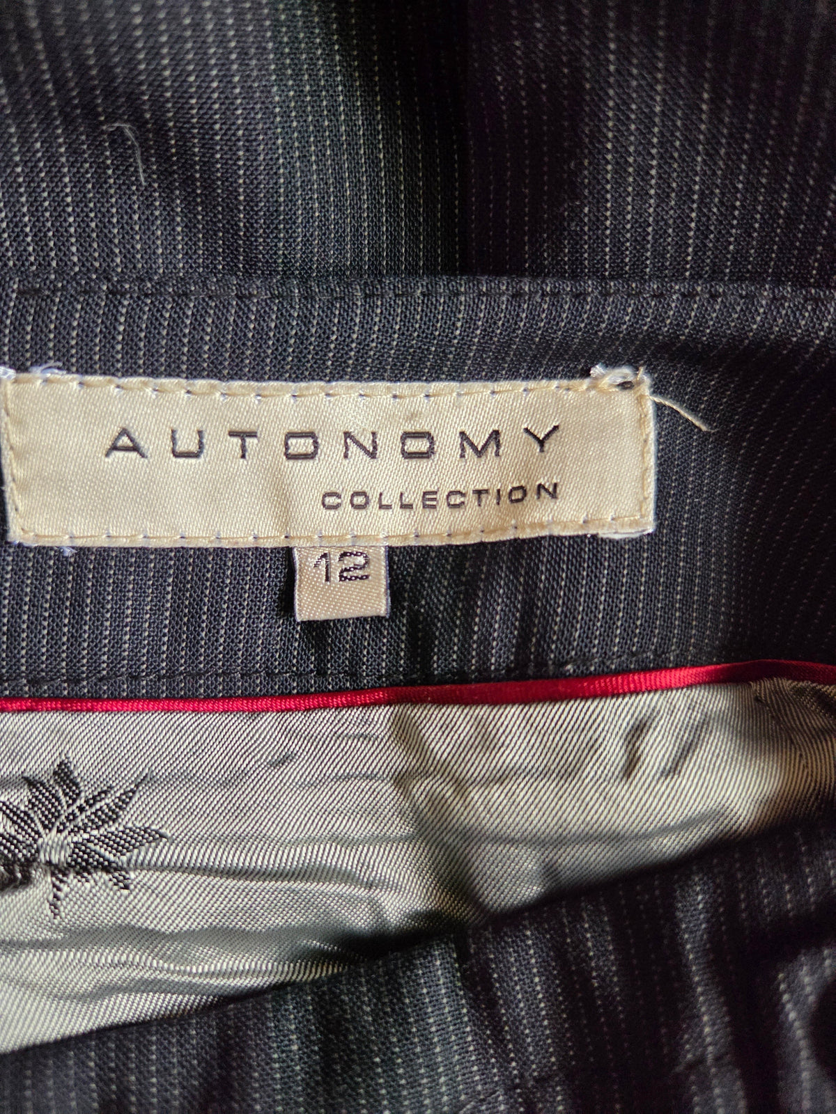 Close-up of a clothing label on a garment with 'Autonomy Collection' branding.