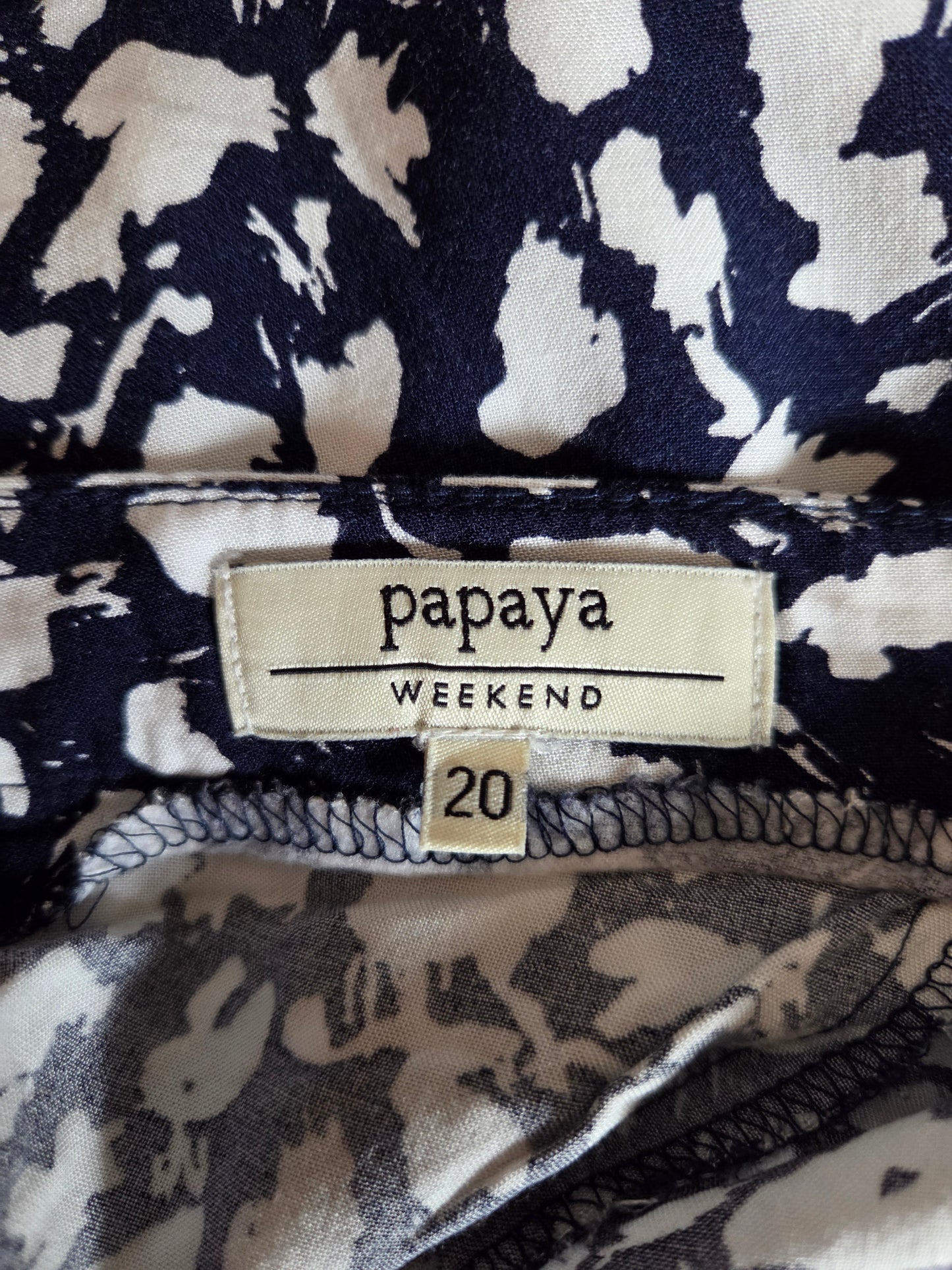 Papaya Weekend size label on a patterned pair of shorts