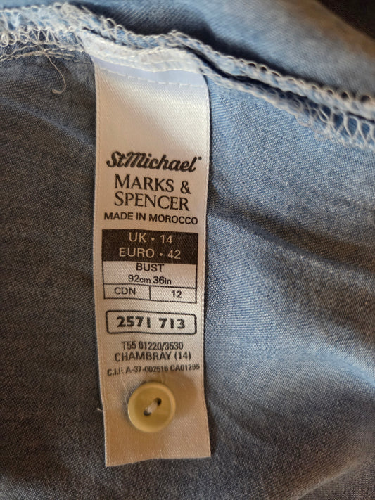 M&S Short Sleeve Button Up Chambray Blue Shirt – Size - UK-14