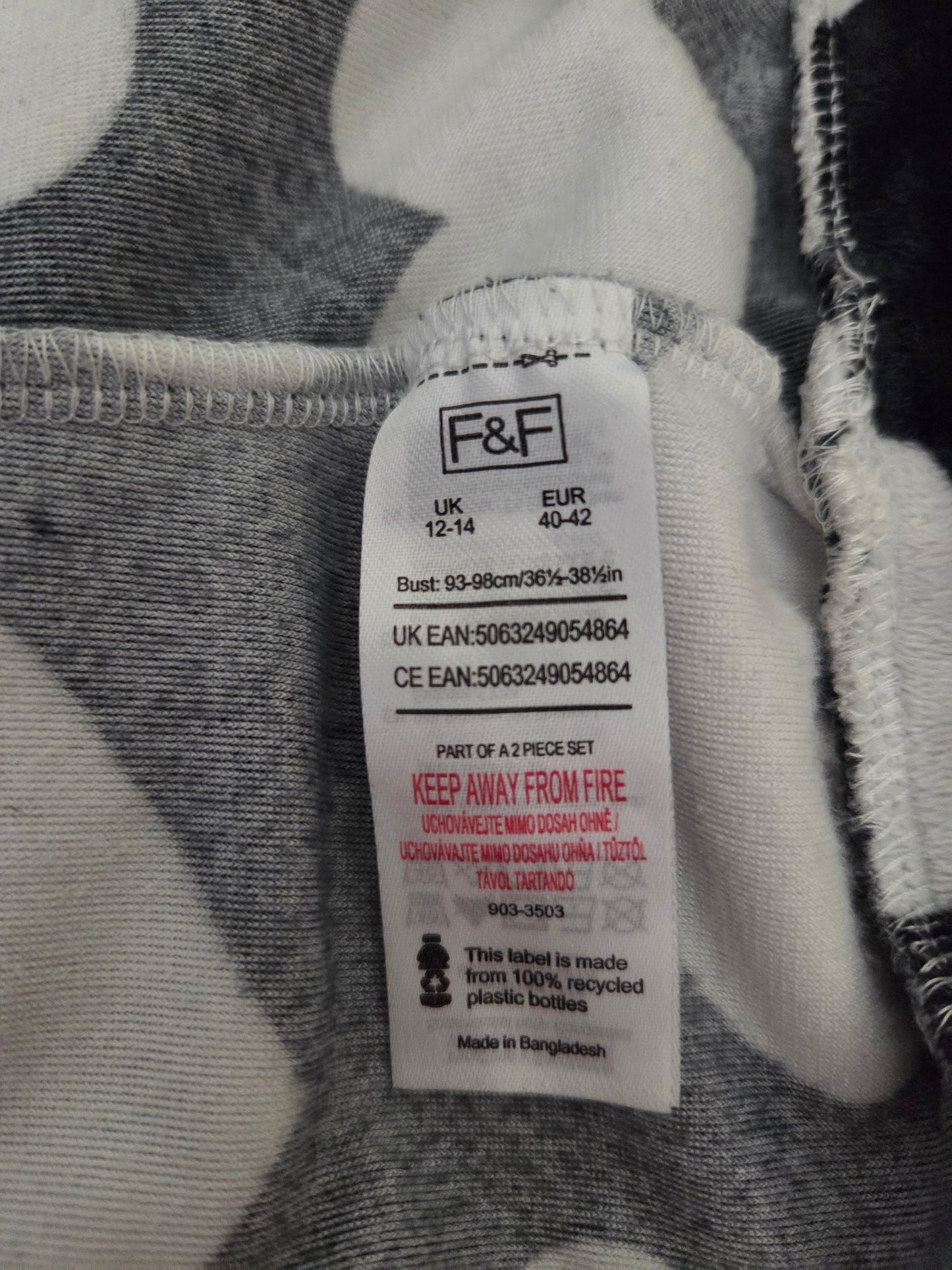 Close-up of a size label on a black and white fabric