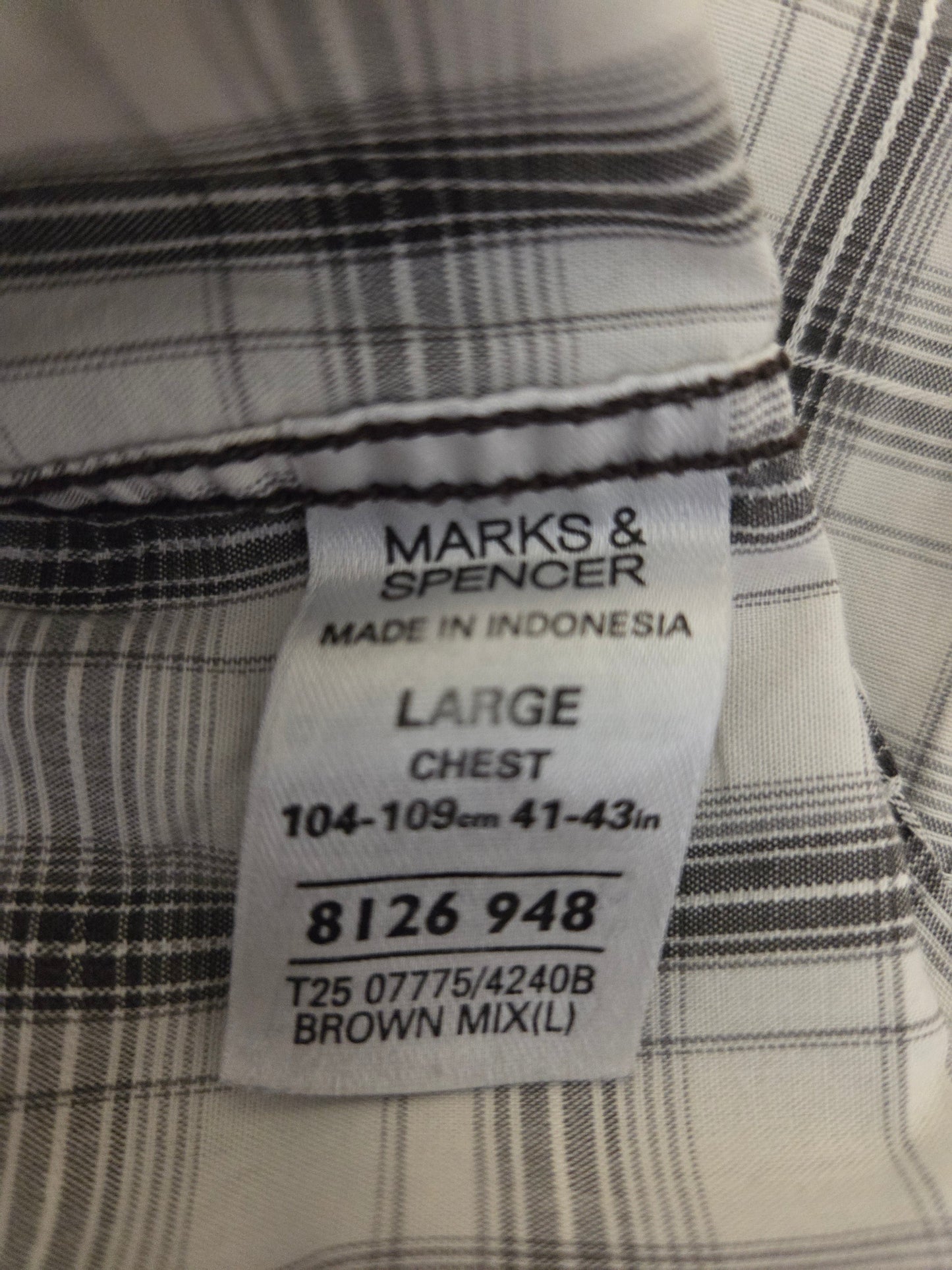 Back view of grey and white check short sleeve shirt for men