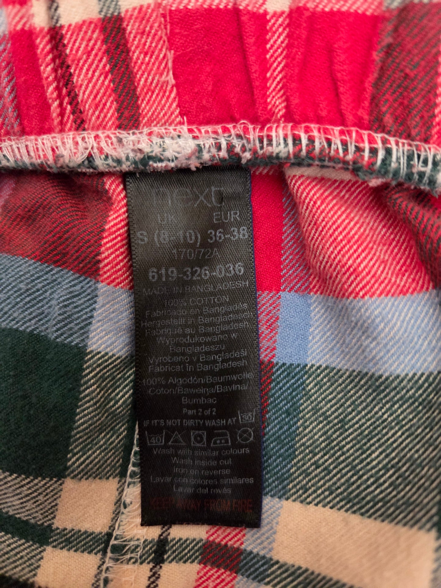 Next red slogan t shirt & check trousers UK size small pre-loved clothing size tag