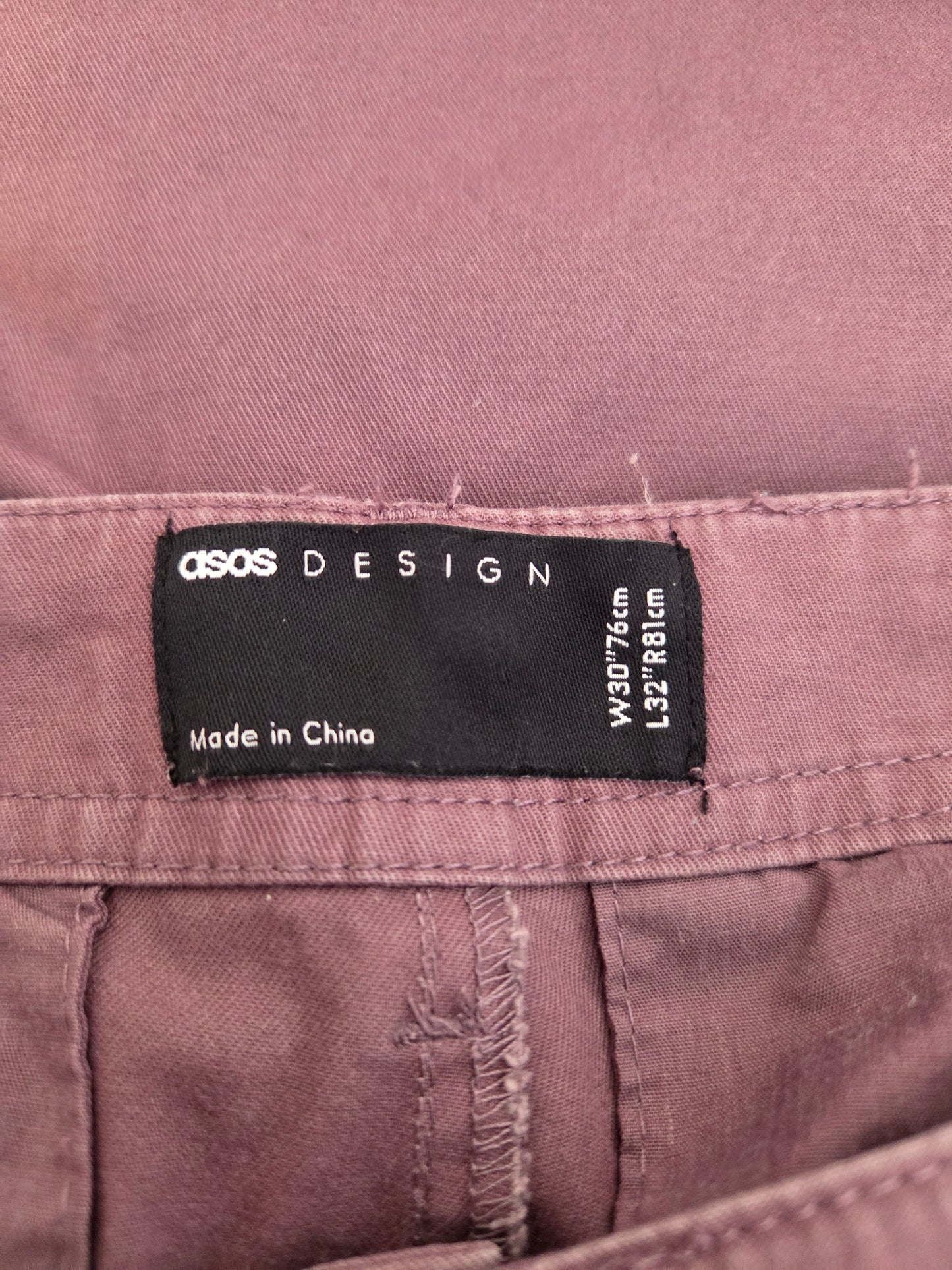 ASOS Design label on dusty purple cargo trousers, UK W30 L32, pre-loved