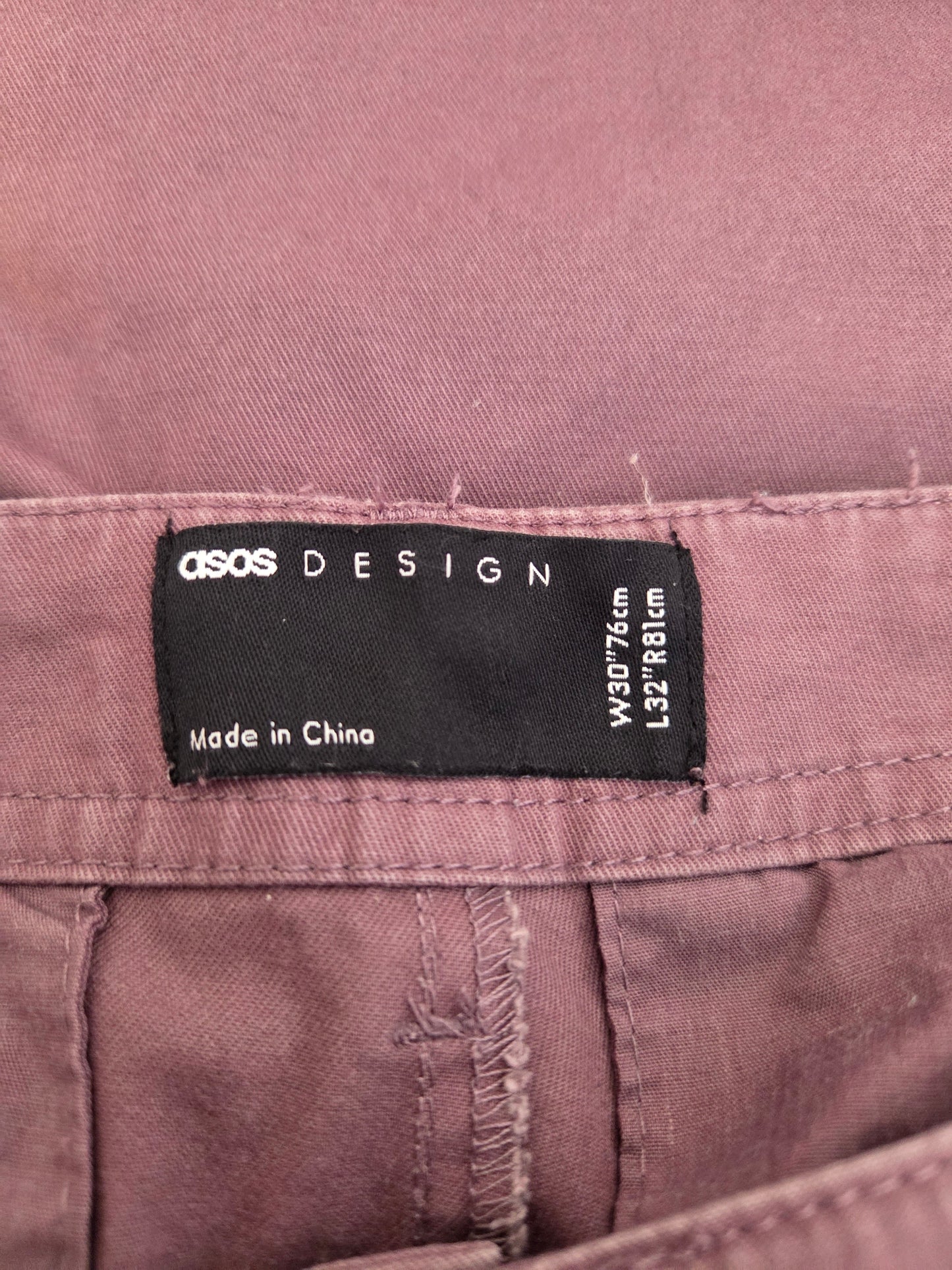ASOS Design label on dusty purple cargo trousers, UK W30 L32, pre-loved