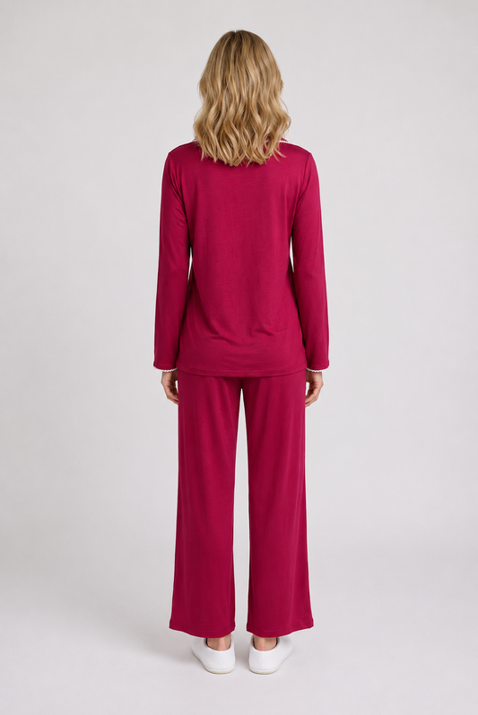 Woman wearing a red pajama set