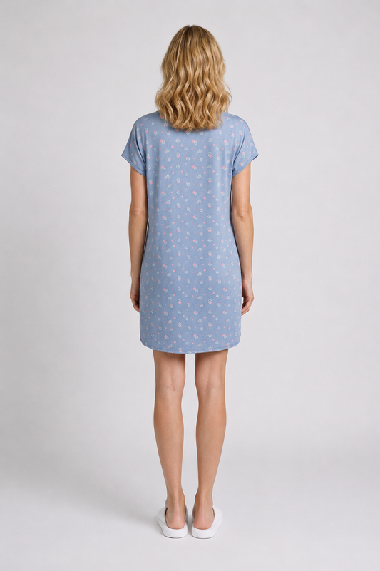 Woman wearing a blue detailed nightdress