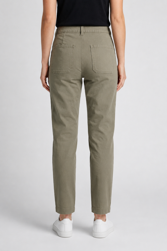 Woman wearing khaki trousers back view