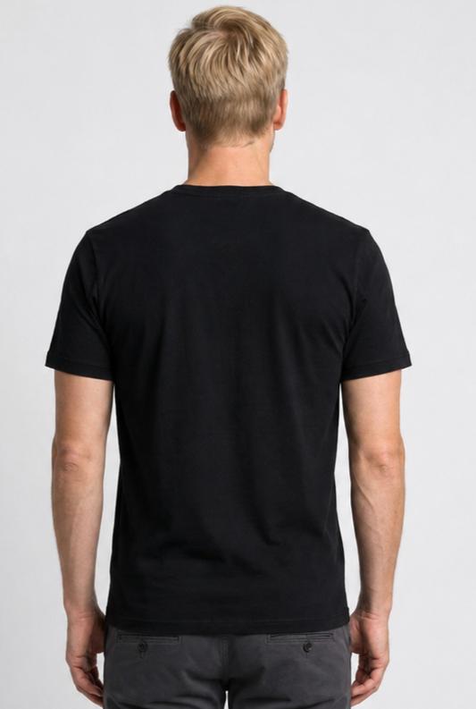 Man wearing a black t-shirt back view