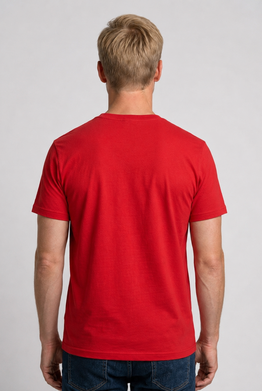 Man wearing a red t-shirt