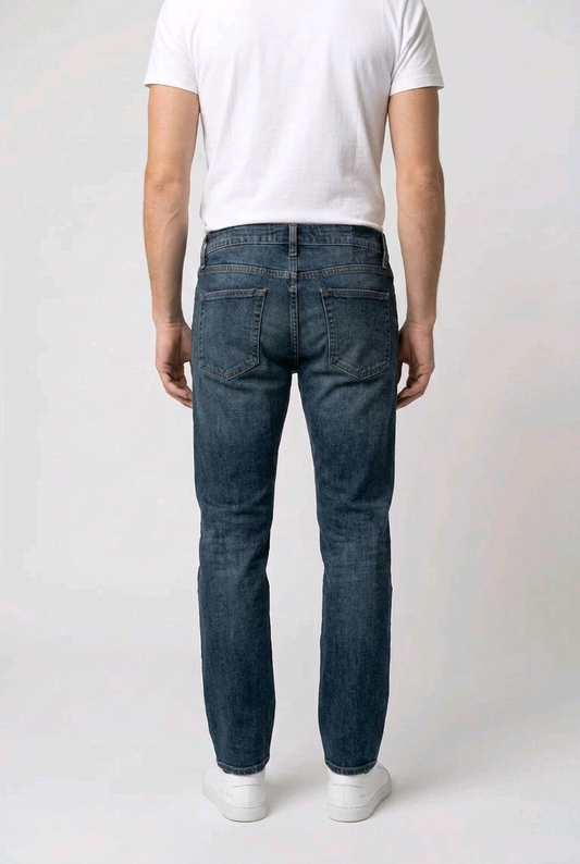 Person wearing blue jeans and a white t-shirt on a plain background