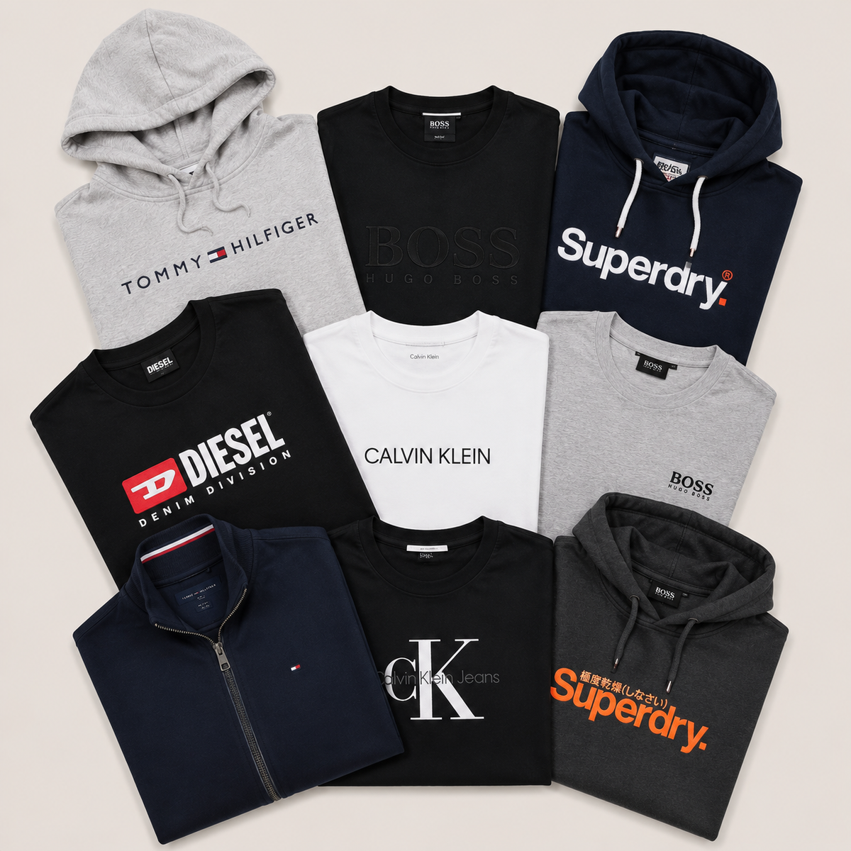men's flat lay sweatshirts brands including Tommy Hilfiger, Hugo Boss, Superdry, Diesel, Calvin Klein, and Tommy Jeans,