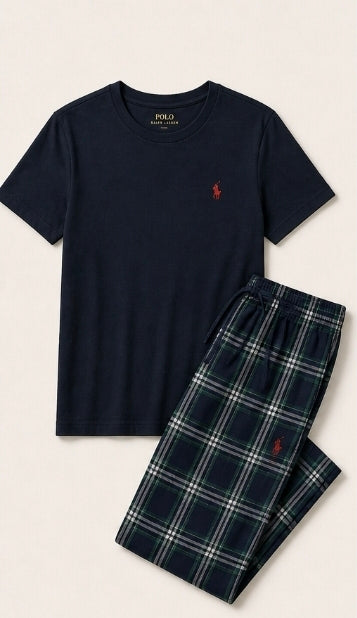 Men navy blue checked t-shirt and bottoms pyjama set