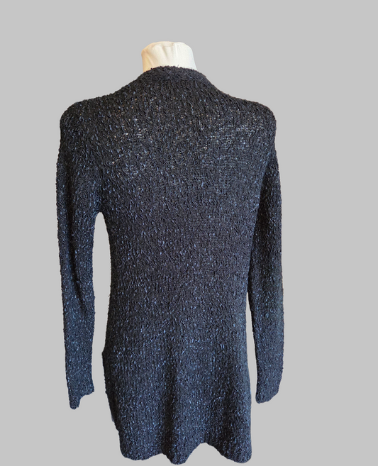 Black textured long cardigan back view