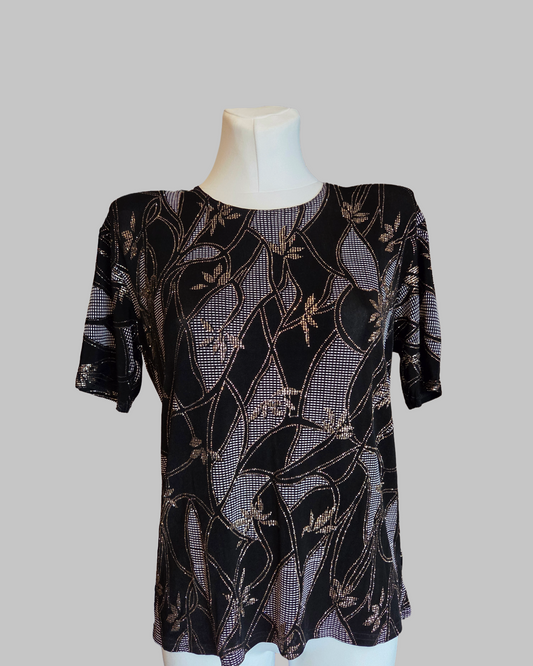 Vintage Mega Design Black Sheer-Style Pattern Top – Size - UK-Medium/Large