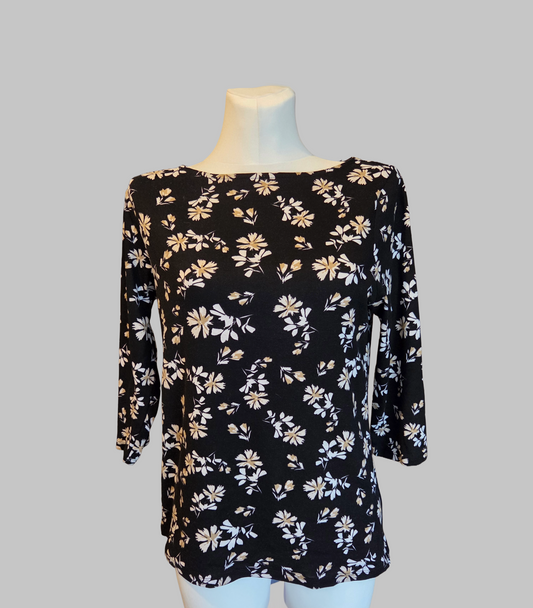 Bonmarché Floral Fitted Top – Black/ White/ Beige 3/4 Sleeve – Size - UK-16