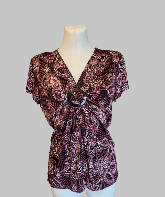 BM Floral Pattern V-Neck Buckle Ring Detail Top - Size - UK-Medium
