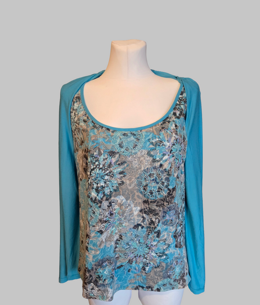 M&S Floral Layered Top – Aqua Blue Mix 3/4 Sleeve – Size - UK-16