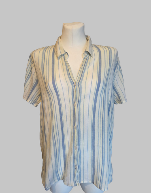 Edmée Striped Shirt – Cream & Blue Short Sleeve – Size - UK-16
