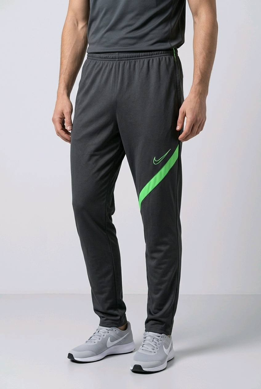 Person wearing dark gray athletic pants with a green stripe 
