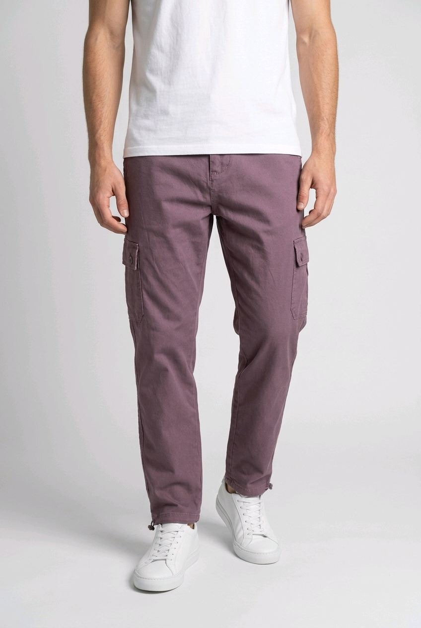 Man wearing a pair of purple cargo trousers
