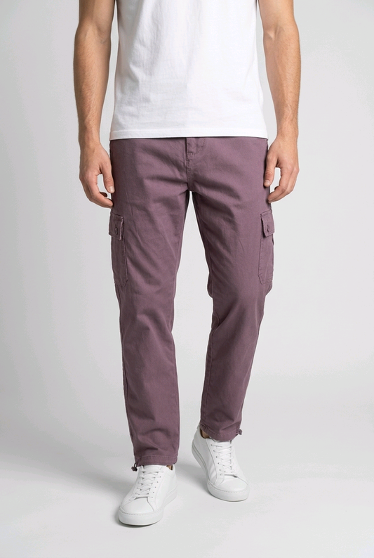 Man wearing a pair of purple cargo trousers