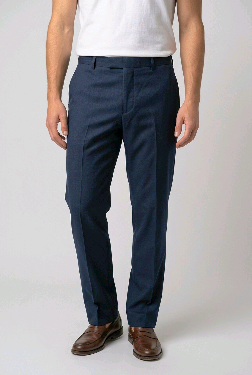 Person wearing navy trousers and brown shoes 