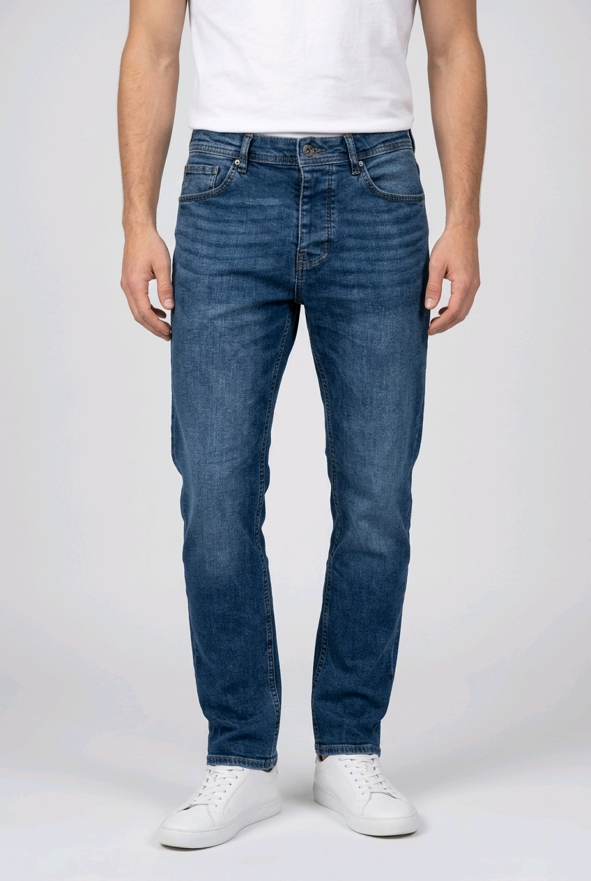 Man wearing a pair of blue jeans with a white t shirt