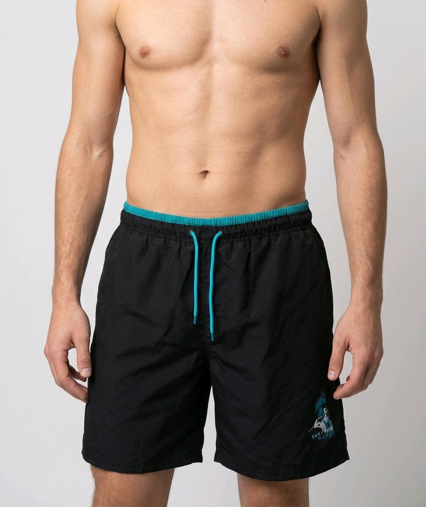 Black swim shorts with blue drawstring 